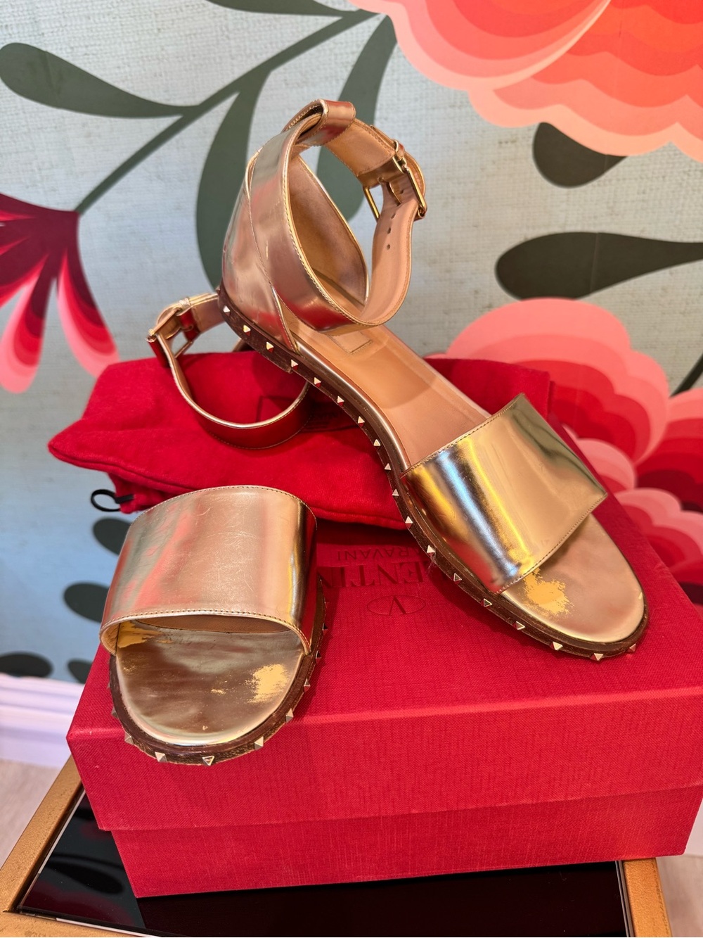 Valentino Metallic Gold Leather Studded Ankle-Strap Sandals